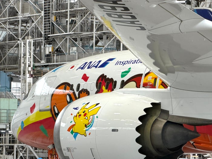 ANA Pokemon Red plane Pikachu engine up close