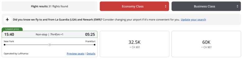 Aeroplan redemption JFK FRA business Aeroplan redemption JFK FRA business