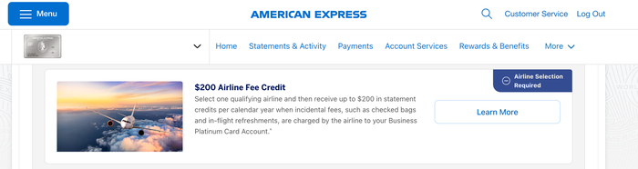 Amex Platinum Card $200 airline fee credit airline selection