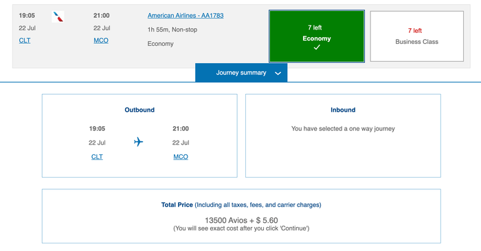 BA CLT MCO Avios award BA CLT MCO Avios award