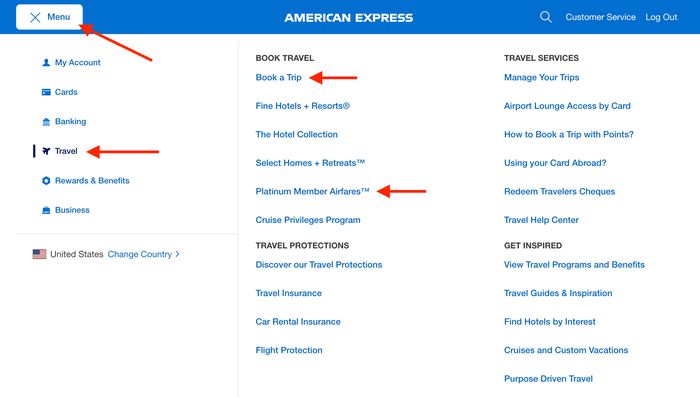 Book travel through American Express screenshot