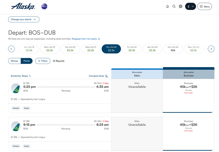 Screenshot Business class to Ireland awards through Alaska Airlines