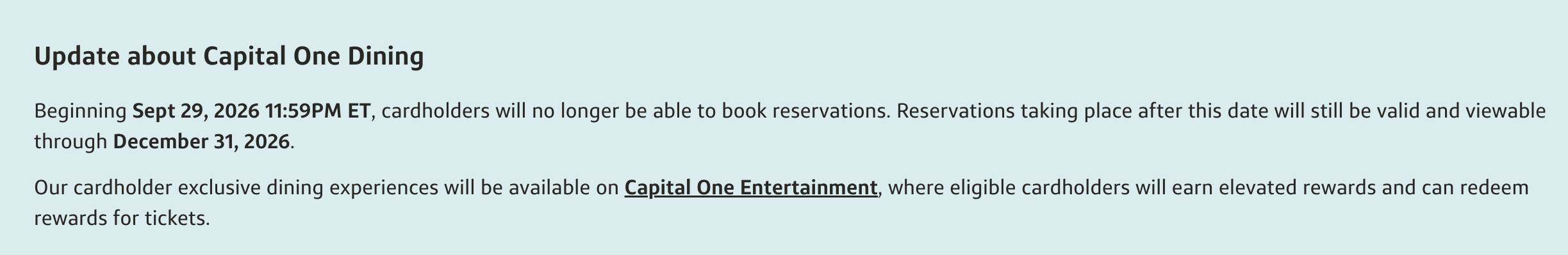Capital One Dining shutdown message Capital One Dining shutdown message