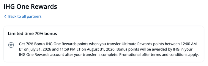 Chase IHG 70 transfer bonus August 2026 Chase IHG 70 transfer bonus August 2026