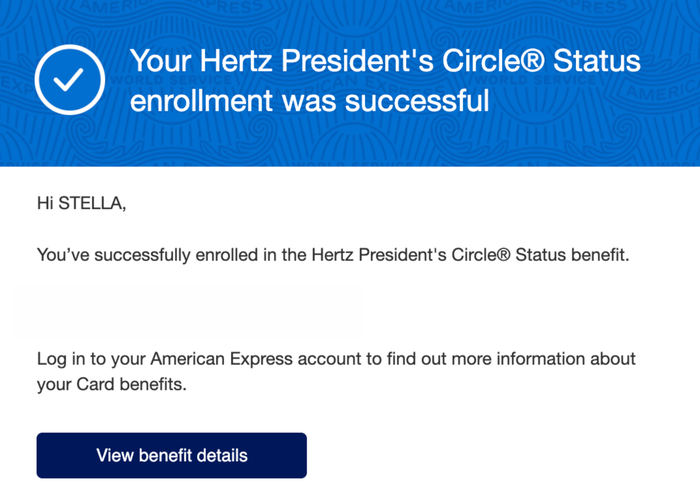 Confirmation Hertz Presidents Circle Amex