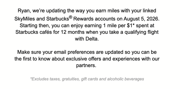 Delta email Starbucks changing 2026