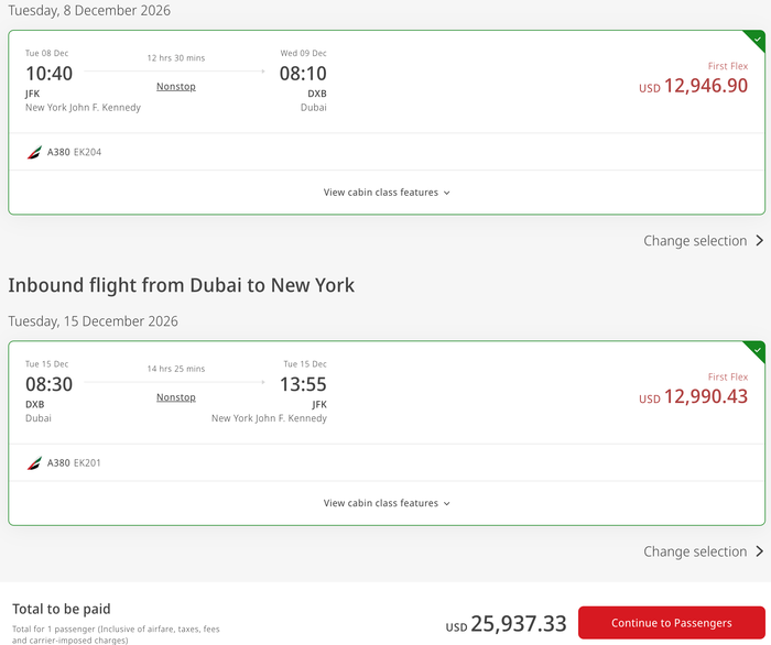 EK first flight JFK DXB 1 Emirates JFK DXB December 2026
