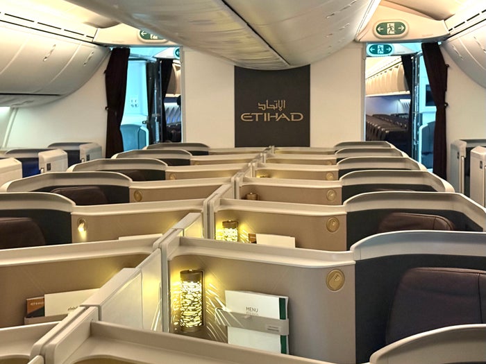 Etihad business class cabin on the Boeing 787 10 Dreamliner