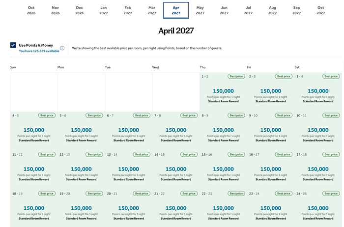 Hilton Shop by Price calendar