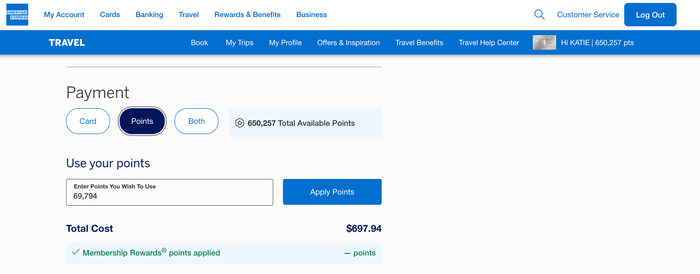 How to pay with points through Amex Travel