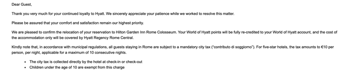 Hyatt Regency Rome Central compensation email