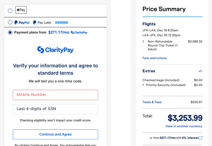 JetBlue ClarityPay option JetBlue ClarityPay option