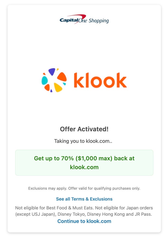 Klook 47 back Klook Capital One 70