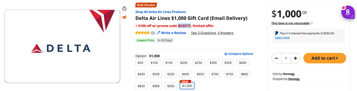 Newegg 1000 Delta gift card sale July 2026 Newegg 1000 Delta gift card sale July 2026