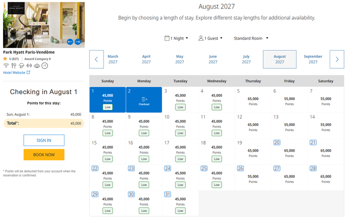 Park Hyatt Paris Vendome points calendar August 2027 Park Hyatt Paris Vendome points calendar August 2027
