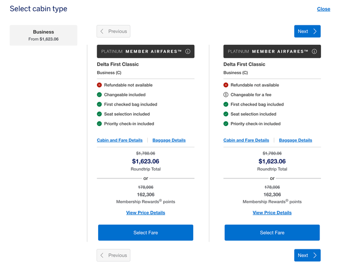 IAP booking page 2 Platinum Member Airfares fare eelection August 2026