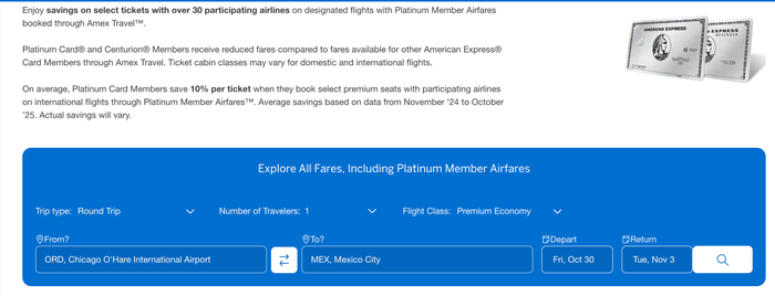 AmexTravel Platinum Member Airfares search August 2026 Platinum Member Airfares search box August 2026