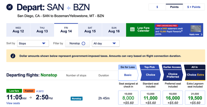 SAN to BZN on Southwest with points SAN to BZN on Southwest with points