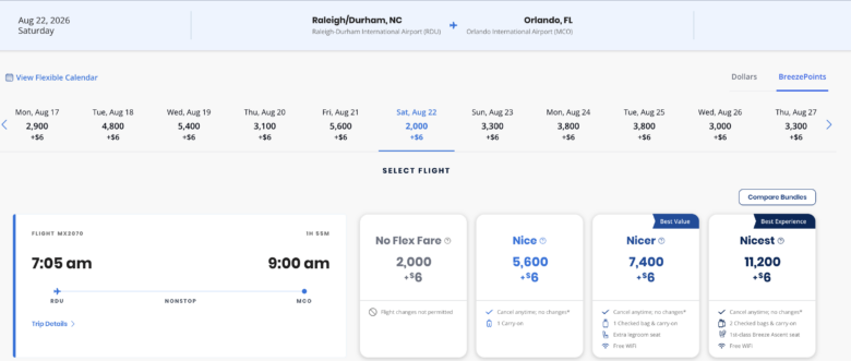 Breeze RDU MCO Award Rates