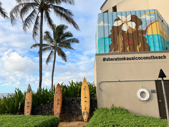 Sheraton Kauai Coconut Beach surfboard beach showers