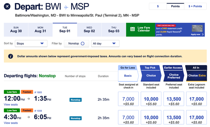 Southwest 7k flights BWI MSP