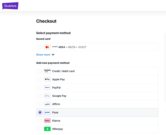 Stubhub Paze Checkout page