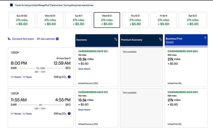 United Airlines cardholder award discount