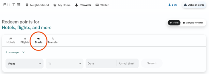 Bilt Rewards BLADE flight search Bilt Rewards BLADE flight search