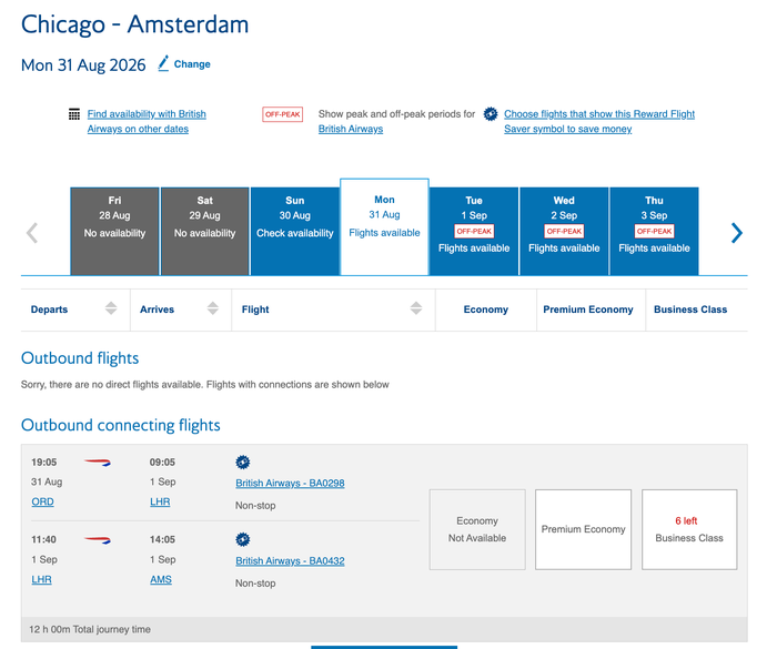 British Airways club last minute award space ORD AMS British Airways club last minute award space ORD AMS