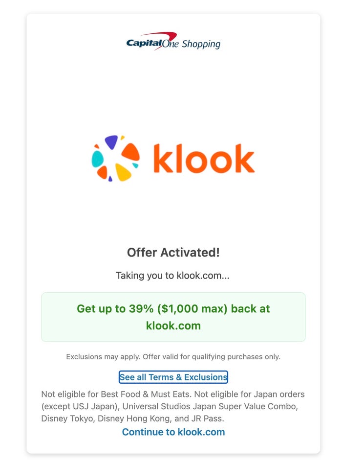 Klook 47 back Capital One Shopping Klook activated