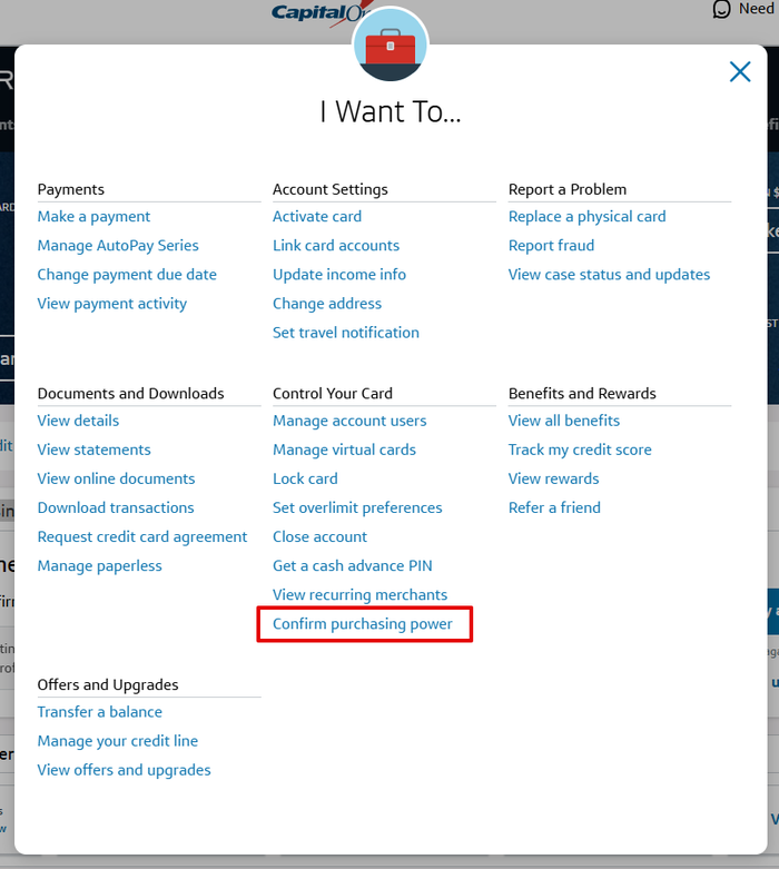 Capital One purchasing power navigation