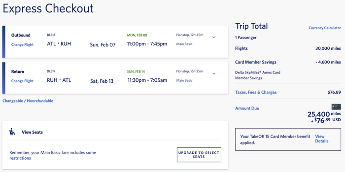 Delta ATL RUH round trip cardholder discount Delta ATL RUH round trip cardholder discount