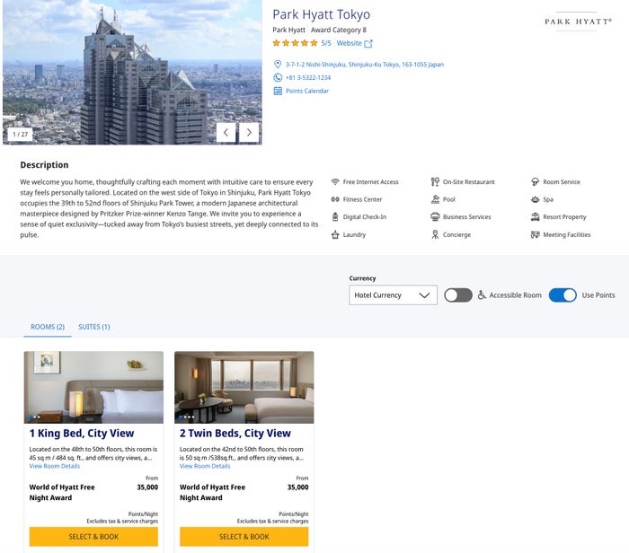 Hyatt award night price Park Hyatt Tokyo