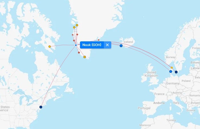 Map of Air Service to Nuuk Greenland