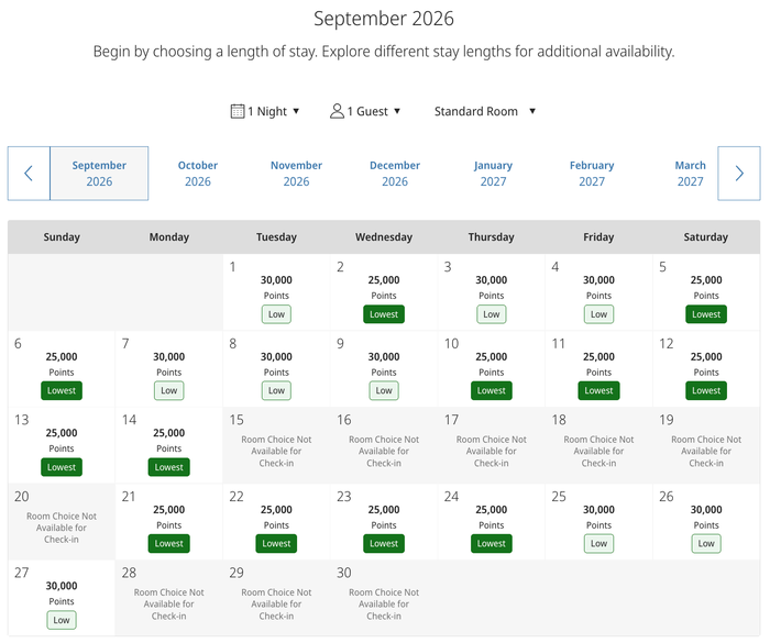 Park Hyatt Maldives award calendar September 2026 Park Hyatt Maldives award calendar September 2026