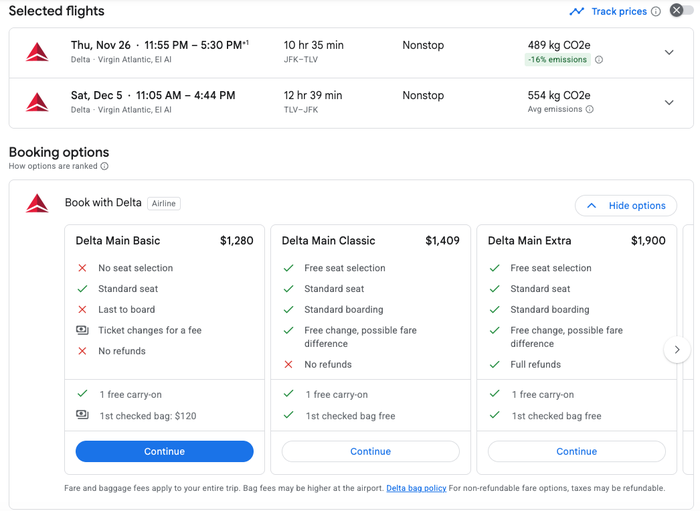 Google Flights Delta JFK TLV Nov/Dec