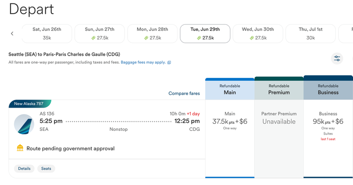 Seattle to Paris on Alaska using Atmos Rewards