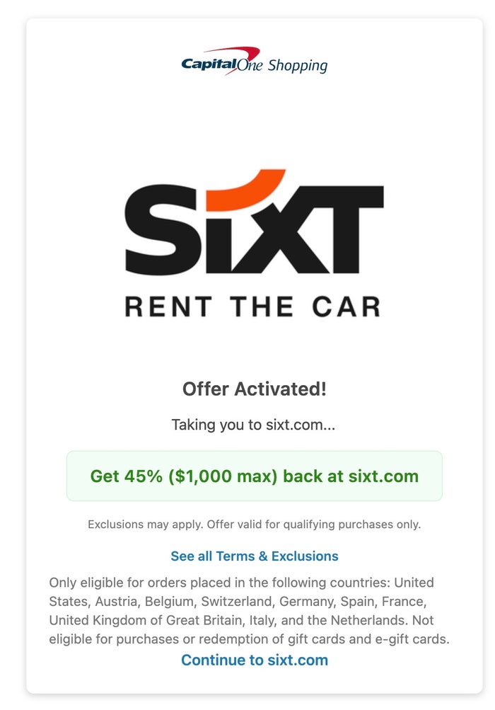 Sixt Capital One Shopping 45 back offer