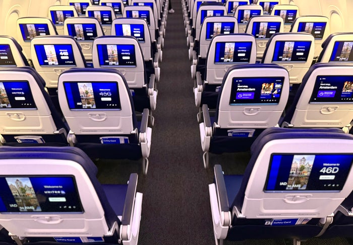 United Airbus A321XLR economy cabin from the rear