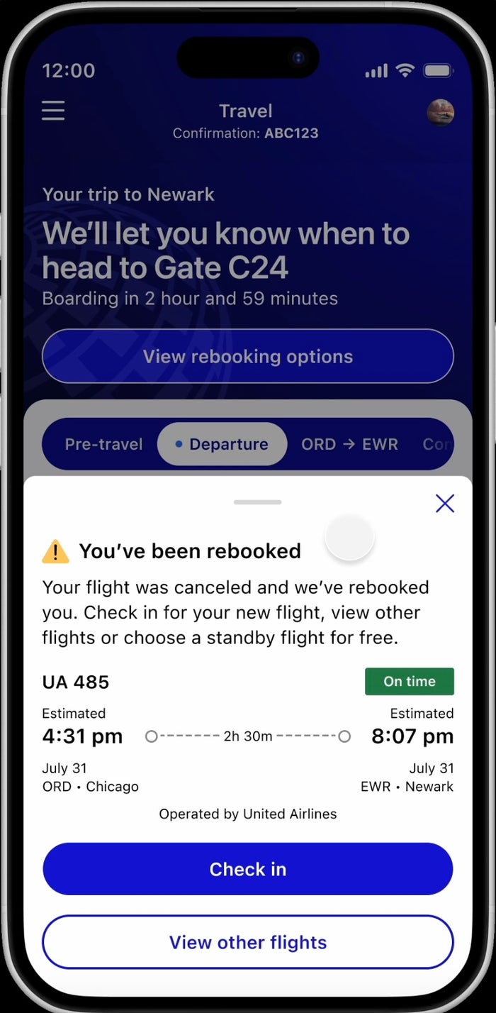 United app rebooking feature