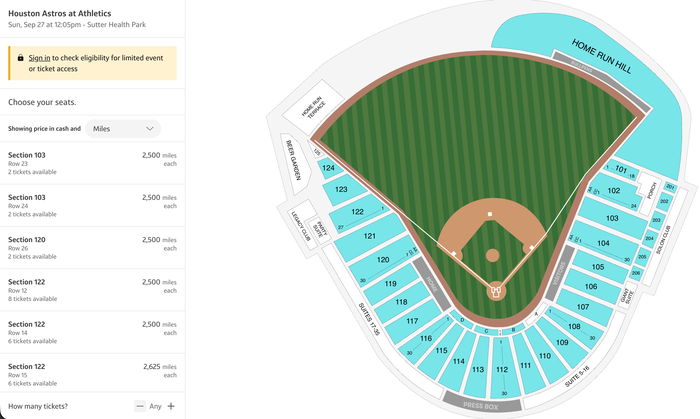Athletics tickets 2500 Capital One miles 2026 Athletics tickets 2500 Capital One miles 2026