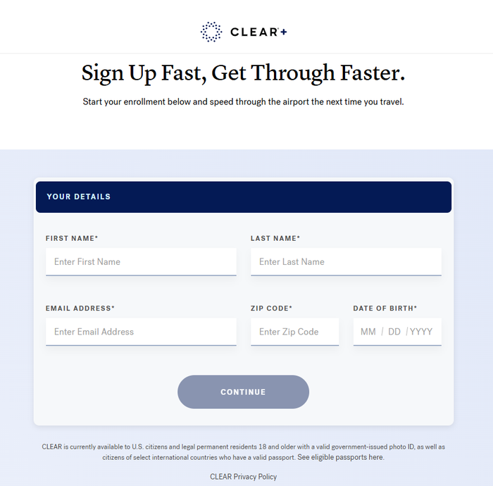 Enroll Clear Plus CLEAR+ enrollment page