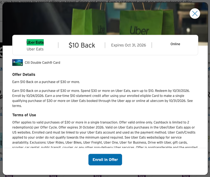 Citi Merchant Offer Uber Eats September 2026