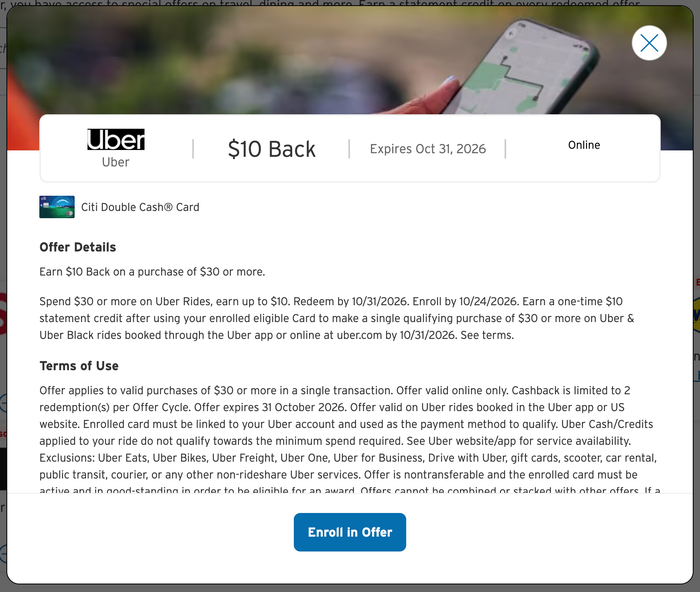Citi Merchant Offer Uber September 2026