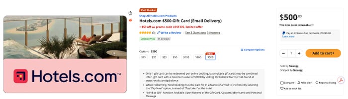 Hotels.com NewEgg discount gift card