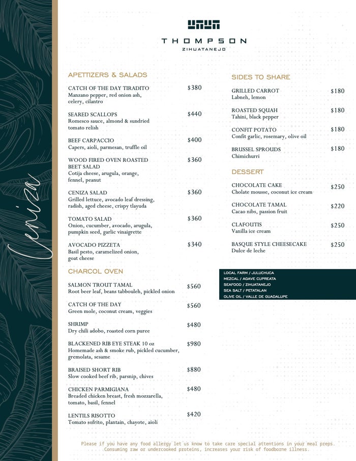 Hyatt Thompson Zihuatanejo Ceniza menu Hyatt Thompson Zihuatanejo Ceniza menu