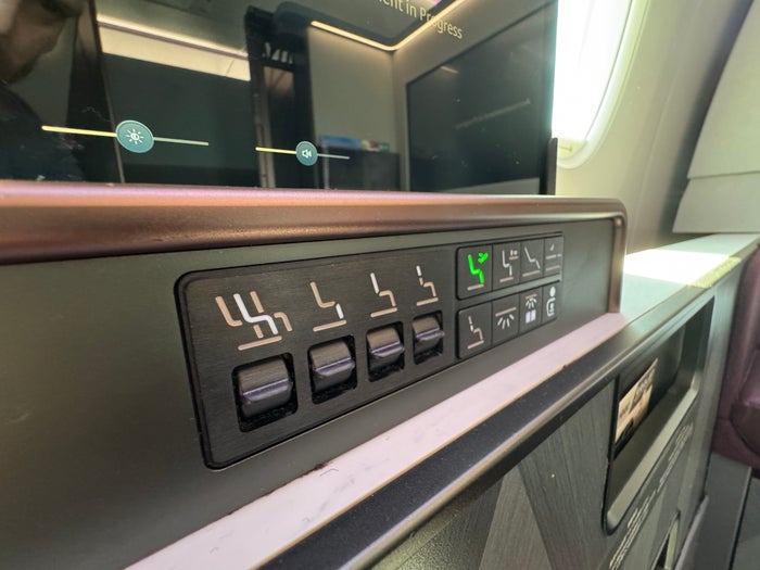 JL First Class Suite seat adjustment buttons JL First Class Suite seat adjustment buttons