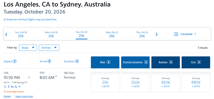 Los Angeles to Sydney with American in economy for 25k miles Los Angeles to Sydney with American in economy for 25k miles