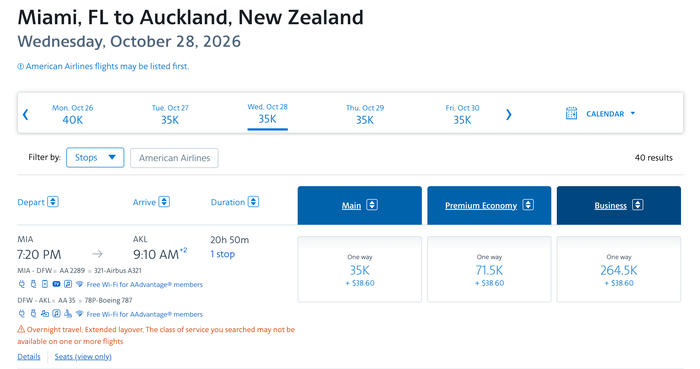 Miami to Auckland with American for 35k points Miami to Auckland with American for 35k points