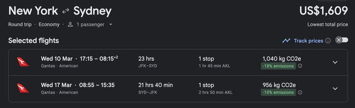 New York to Sydney with Qantas via AKL economy fares